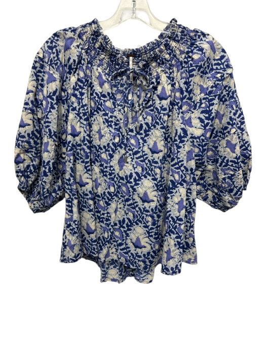 Free People Size XS Blue, Purple, White Cotton Half Sleeve Floral Smocked Top Blue, Purple, White / XS