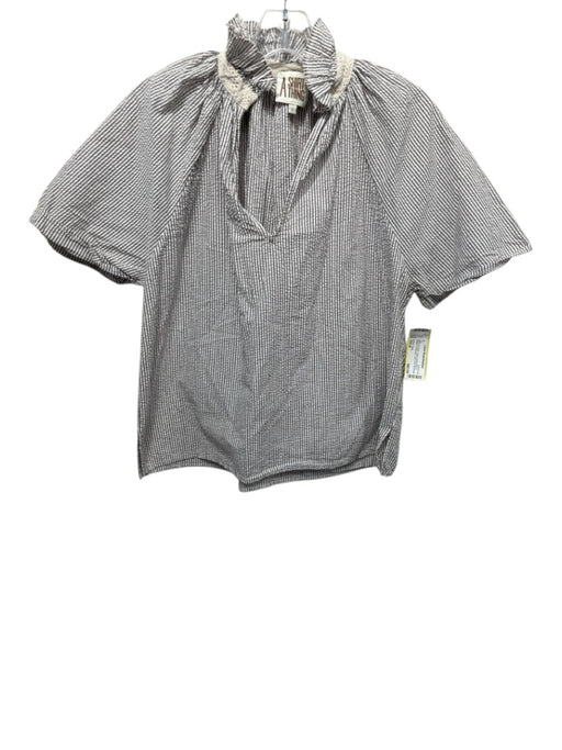 A Shirt Thing Size Small Brown & White Cotton Short Sleeve Striped Lace Trim Top Brown & White / Small