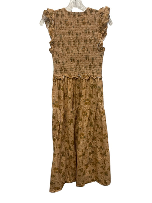 Elan Size Medium Tan, Yellow & Multi Cotton Ruffle Cap Sleeve Floral Dress Tan, Yellow & Multi / Medium