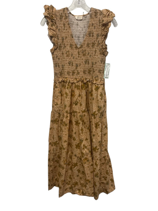 Elan Size Medium Tan, Yellow & Multi Cotton Ruffle Cap Sleeve Floral Dress Tan, Yellow & Multi / Medium