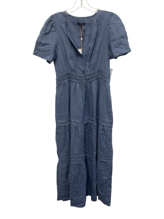 Quince Size M Chambray Linen Short Sleeve Elastic Waist V Neck Tiered Maxi Dress Chambray / M