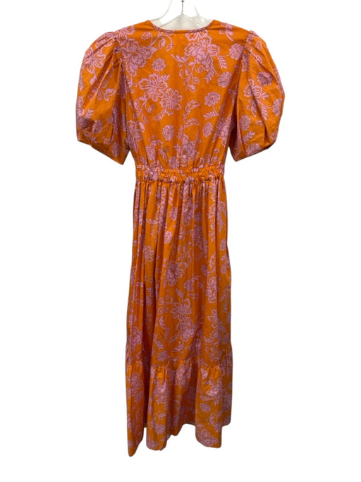 XiRENA Size S Orange & Pink Cotton Floral 1/2 Puff Sleeve V Neck Tie Waist Dress Orange & Pink / S