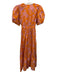 XiRENA Size S Orange & Pink Cotton Floral 1/2 Puff Sleeve V Neck Tie Waist Dress Orange & Pink / S