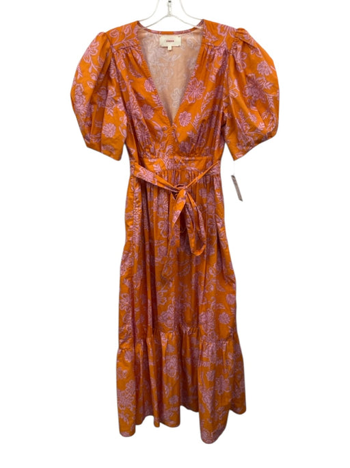 XiRENA Size S Orange & Pink Cotton Floral 1/2 Puff Sleeve V Neck Tie Waist Dress Orange & Pink / S