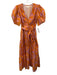 XiRENA Size S Orange & Pink Cotton Floral 1/2 Puff Sleeve V Neck Tie Waist Dress Orange & Pink / S