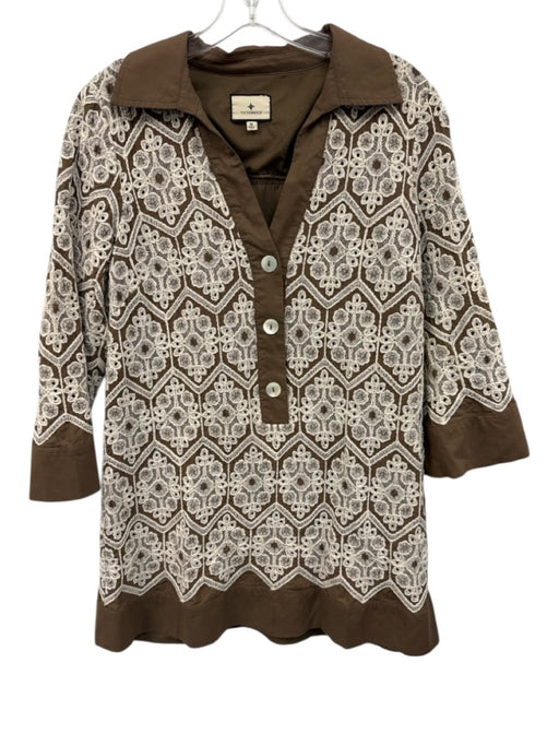 Tuckernuck Size M Brown & White Cotton 3/4 Sleeve Embroidered 1/4 Button Dress Brown & White / M