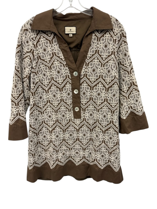 Tuckernuck Size M Brown & White Cotton 3/4 Sleeve Embroidered 1/4 Button Dress Brown & White / M