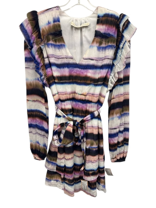 Marie Oliver Size XS Blue, Pink, Brown Silk Long puff sleeve Tie Dye Mini Dress Blue, Pink, Brown / XS