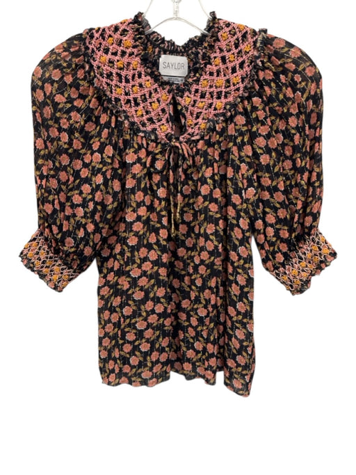 Saylor Size XS Pink, Black, Yellow Viscose & Lurex Short Puff Sleeve Top Pink, Black, Yellow / XS