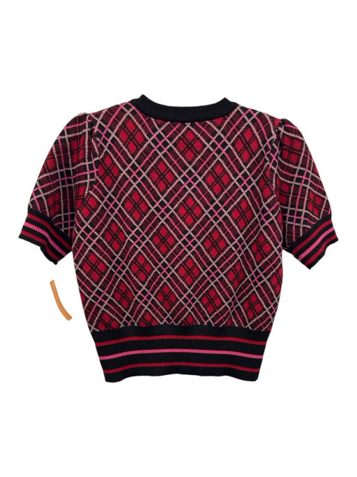 Pinko Size M Red, Black, Pink Acrylic & Wool Short Sleeve Plaid Slim Top Red, Black, Pink / M