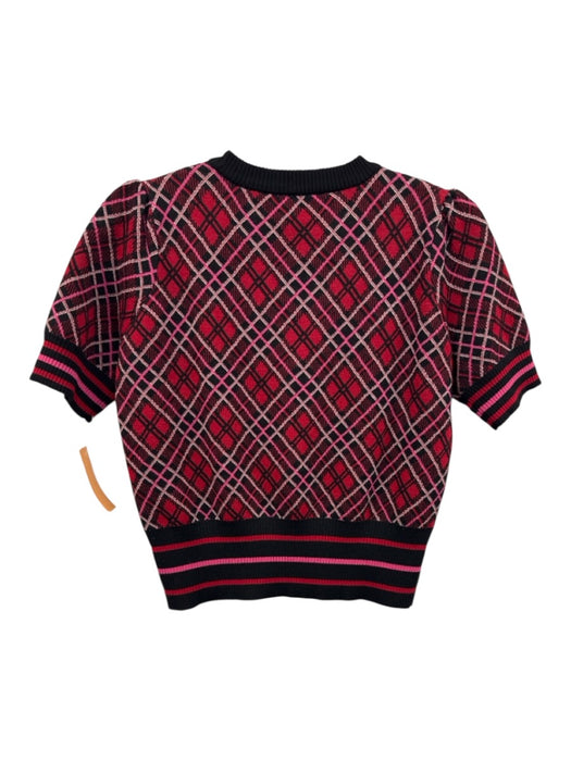 Pinko Size M Red, Black, Pink Acrylic & Wool Short Sleeve Plaid Slim Top Red, Black, Pink / M