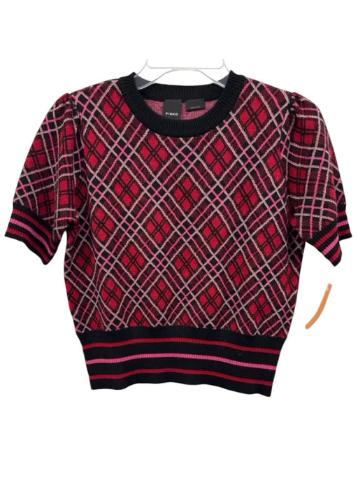 Pinko Size M Red, Black, Pink Acrylic & Wool Short Sleeve Plaid Slim Top Red, Black, Pink / M