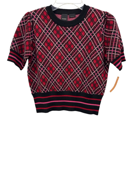 Pinko Size M Red, Black, Pink Acrylic & Wool Short Sleeve Plaid Slim Top Red, Black, Pink / M