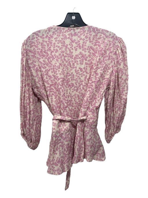 Ganni Size 38 Creme & Pink Viscose Long Sleeve Floral Wrap Top Creme & Pink / 38