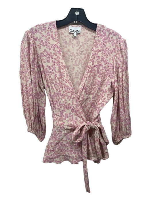 Ganni Size 38 Creme & Pink Viscose Long Sleeve Floral Wrap Top Creme & Pink / 38