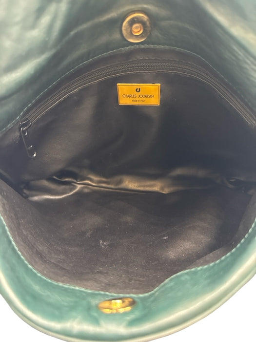 Charles Jourdan Dark Green Leather Flap Intrecciato Weave Bag Dark Green / S