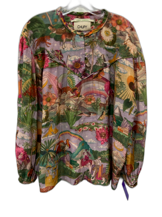 Chufy Size M Purple, Green, Multi Cotton & Silk Long Sleeve Flora & Fauna Top Purple, Green, Multi / M