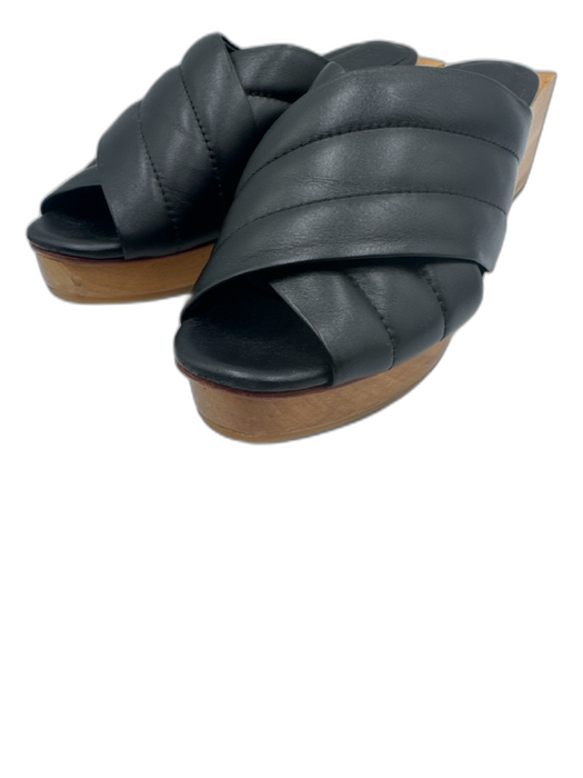 Beklina Shoe Size 8.5 Black Leather Criss Cross Peep Toe Wood Heel Mule Sandals Black / 8.5