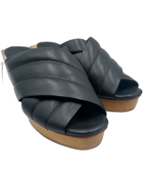 Beklina Shoe Size 8.5 Black Leather Criss Cross Peep Toe Wood Heel Mule Sandals Black / 8.5