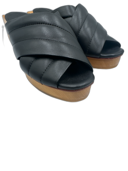 Beklina Shoe Size 8.5 Black Leather Criss Cross Peep Toe Wood Heel Mule Sandals Black / 8.5