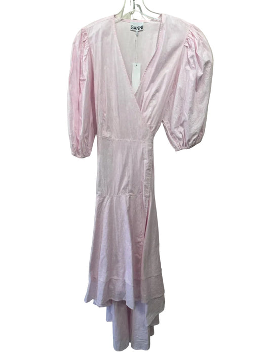 Ganni Size 40 Light Pink & White Cotton Short Puff Sleeve Floral Print Dress