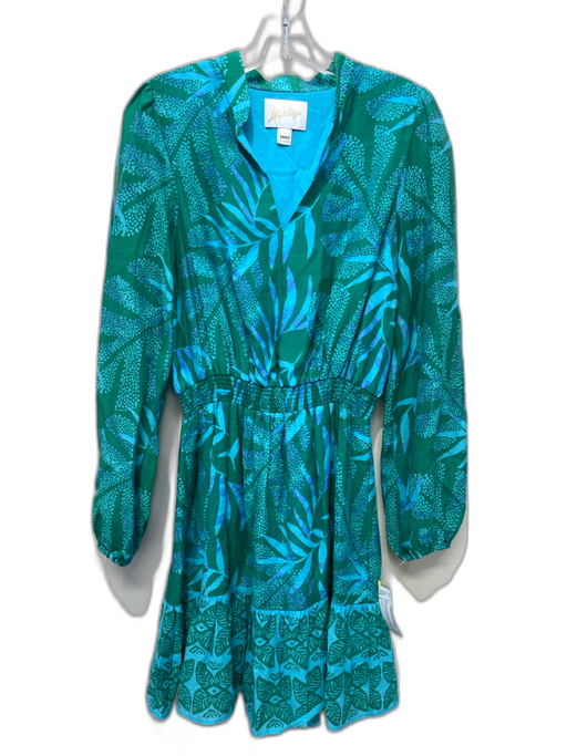 Lilly Pulitzer Size 4 Green & Blue Lyocell Long Sleeve Floral Print V Neck Dress Green & Blue / 4