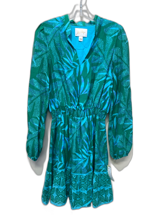 Lilly Pulitzer Size 4 Green & Blue Lyocell Long Sleeve Floral Print V Neck Dress Green & Blue / 4