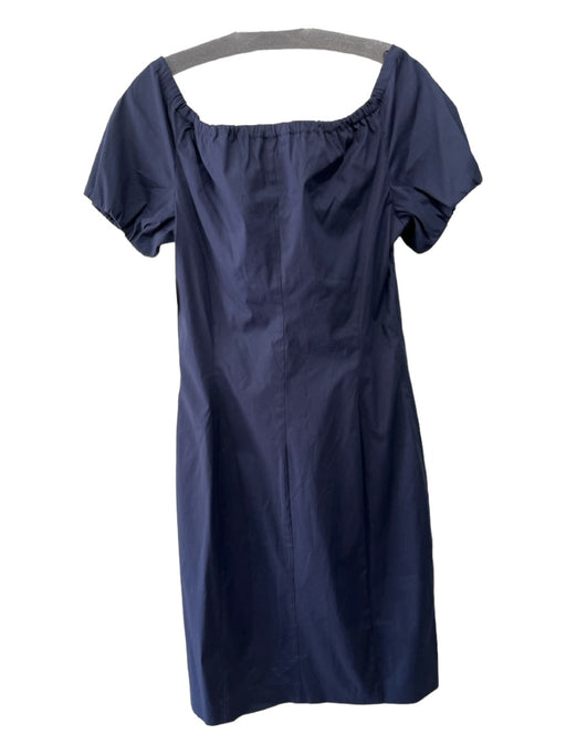 Prada Size 44 Navy Blue Cotton Blend Off Shoulder Puff Sleeve Seam Detail Dress Navy Blue / 44