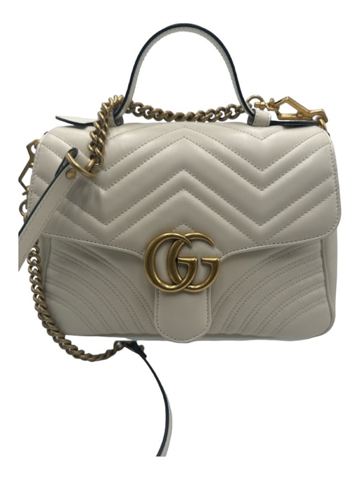 Gucci White & Gold Leather Quilted Flap Gold Logo Handbag & Crossbody Bag White & Gold / M