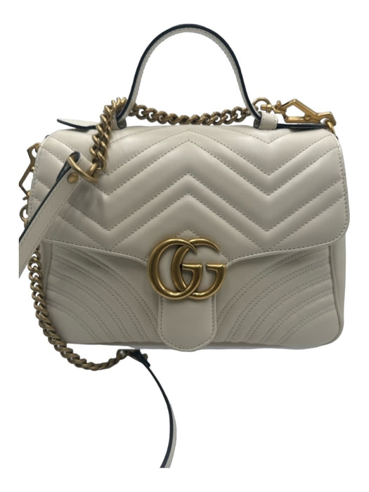 Gucci White & Gold Leather Quilted Flap Gold Logo Handbag & Crossbody Bag White & Gold / M