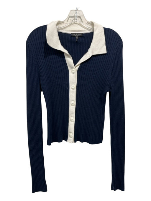 Rag & Bone Size L Navy Blue & White Cotton & Cashmere Blend Ribbed Button Up Top Navy Blue & White / L