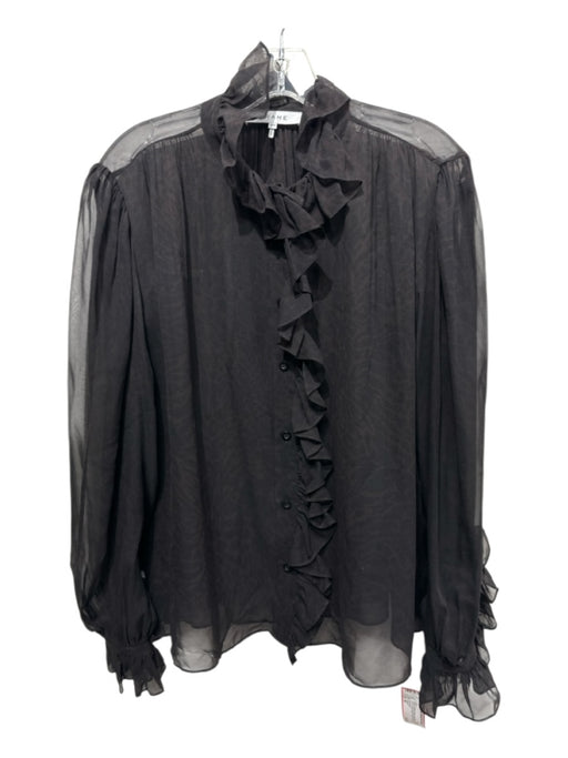 Frame Size M Black & Brown Silk Long Sleeve Animal Print Ruffle Detail Sheer Top Black & Brown / M