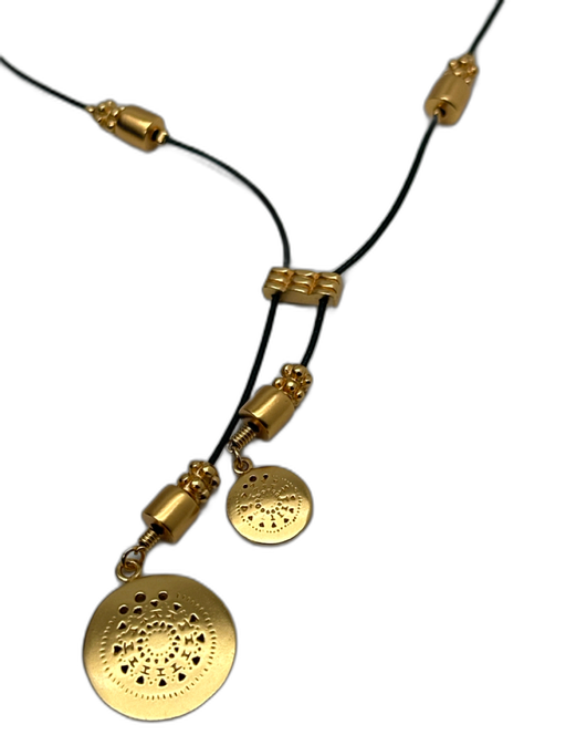 Tesoro Precolombino Gold & Black Gold Plated Leather Cord Disc Lariat Necklace Gold & Black
