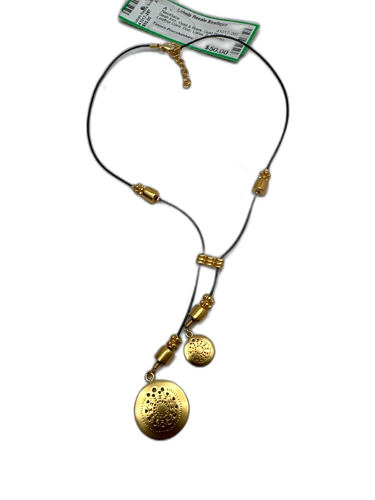 Tesoro Precolombino Gold & Black Gold Plated Leather Cord Disc Lariat Necklace Gold & Black