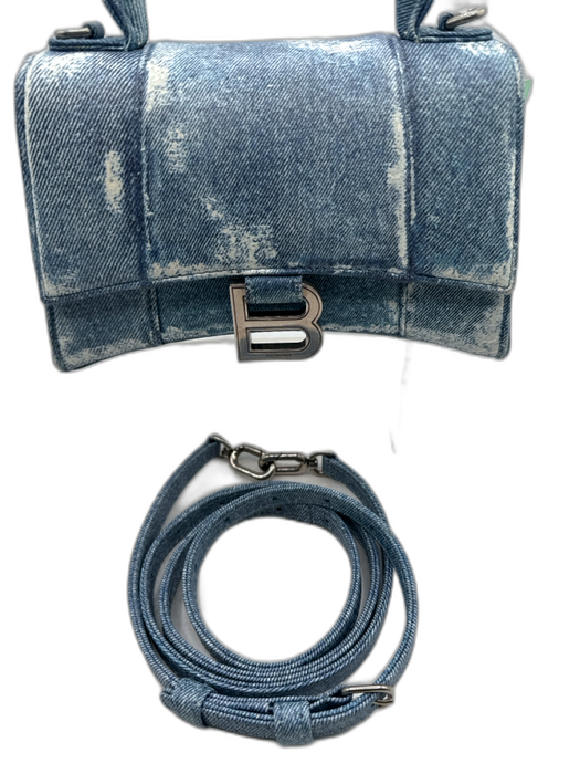 Balenciaga Blue & White Leather Denim Print Crossbody Strap Top Handle Bag Blue & White / Small