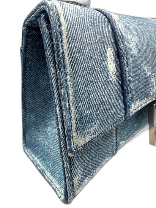 Balenciaga Blue & White Leather Denim Print Crossbody Strap Top Handle Bag Blue & White / Small