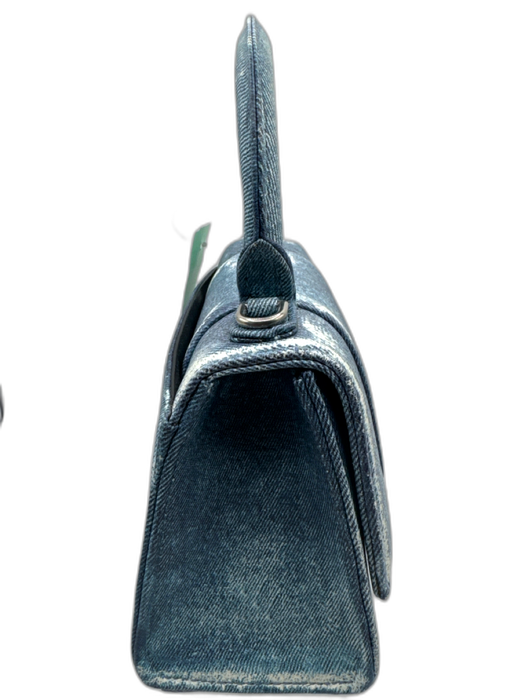 Balenciaga Blue & White Leather Denim Print Crossbody Strap Top Handle Bag Blue & White / Small