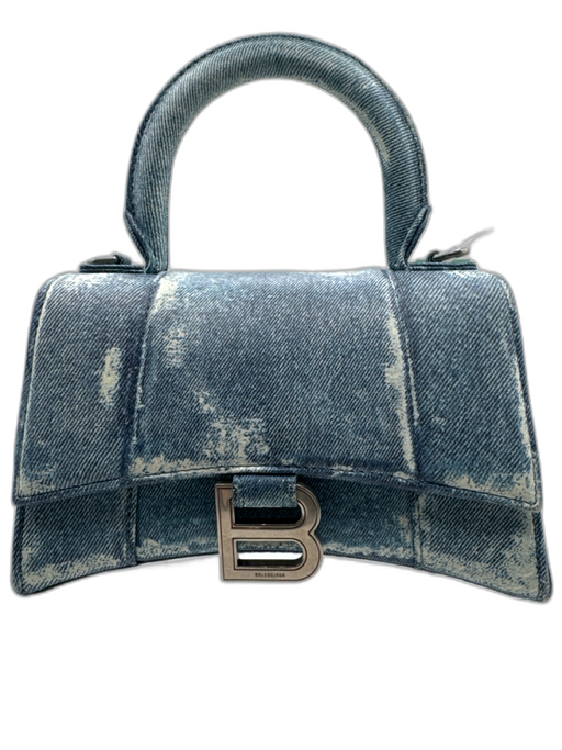 Balenciaga Blue & White Leather Denim Print Crossbody Strap Top Handle Bag Blue & White / Small