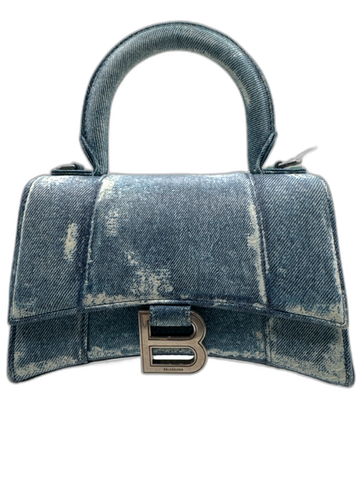 Balenciaga Blue & White Leather Denim Print Crossbody Strap Top Handle Bag Blue & White / Small