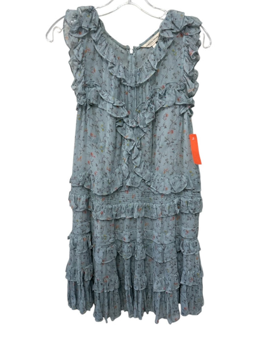 Rebecca Taylor Size M Blue & Multi Chiffon Floral Smocked Waist Ruffle Dress Blue & Multi / M