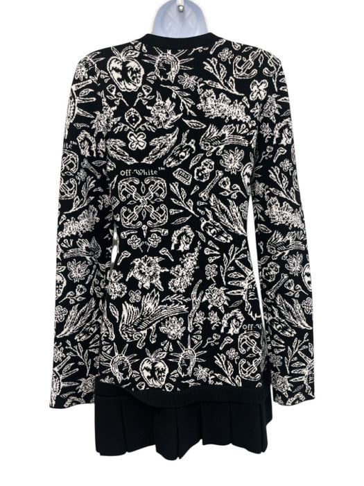 Off-White Size 6/42 Black & White Viscose Blend Long Sleeve Floral Pleated Dress Black & White / 6/42