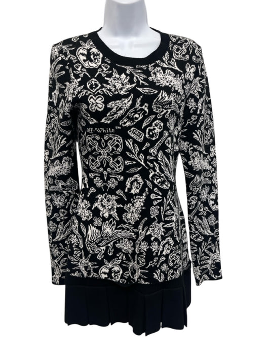 Off-White Size 6/42 Black & White Viscose Blend Long Sleeve Floral Pleated Dress Black & White / 6/42