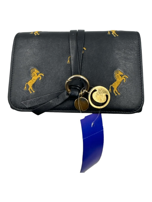 Chloe Black & Gold Leather Embroidered Horses Trifold Gold Hardware Wallets Black & Gold