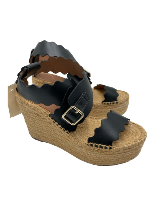 Chloe Shoe Size 38 Black & Beige Leather & Jute Scalloped Open Toe Wedges Black & Beige / 38