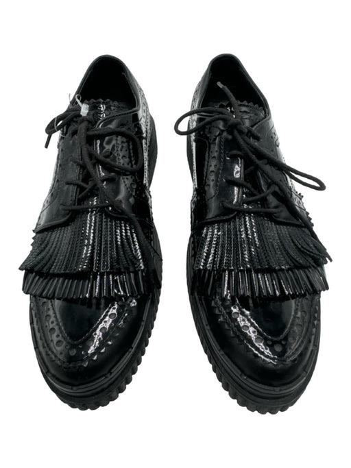 Tods Shoe Size 37 Black Patent Oxford lace up Platform Fringe Loafers Black / 37