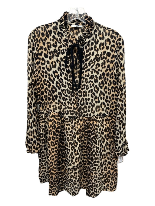 Ganni Size 38 Beige, Brown, Black Viscose Cheetah Print Long Sleeve V Neck Dress Beige, Brown, Black / 38