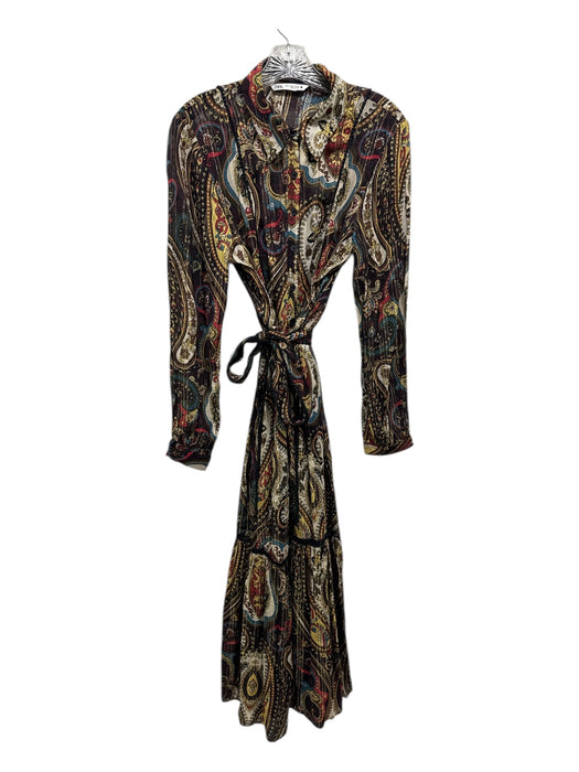 Zara Size M Brown, Yellow, Multi Polyester Paisley Print Button Up Dress Brown, Yellow, Multi / M