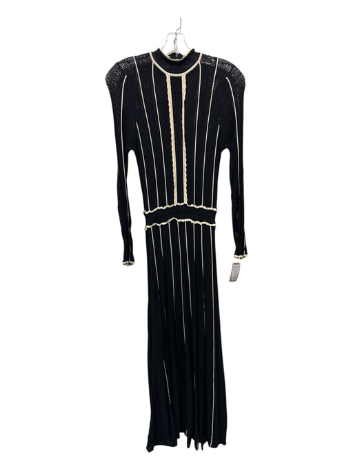 Sandro Size 38 Black & Beige Open Knit Ruffle Detail Long Sleeve Back Zip Dress Black & Beige / 38