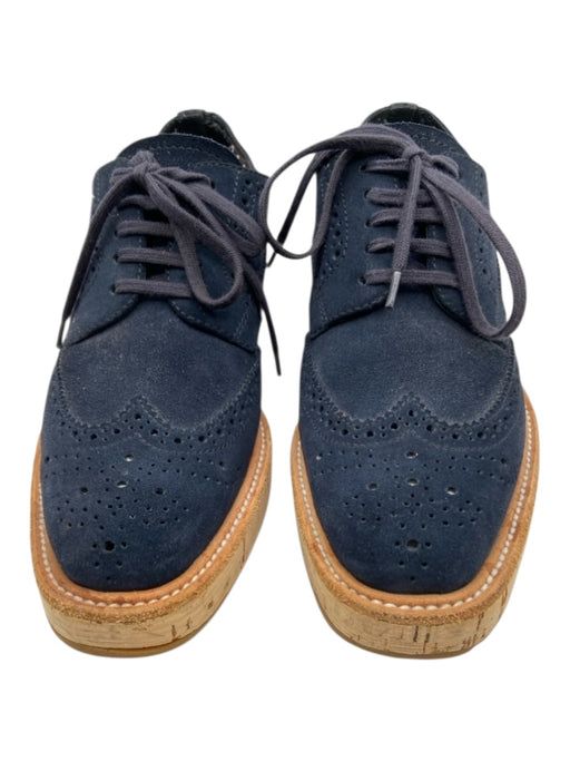 Prada Shoe Size 36.5 Blue & Brown Suede Lace Up Cork Sole Oxford Blue & Brown / 36.5