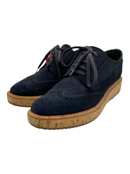 Prada Shoe Size 36.5 Blue & Brown Suede Lace Up Cork Sole Oxford Blue & Brown / 36.5